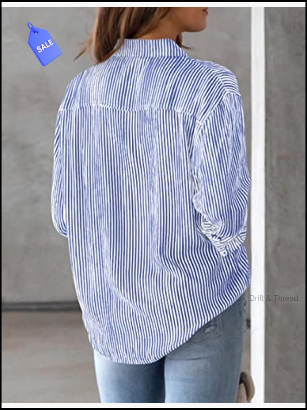 Women's Striped Button Down Long Sleeve Blouse with Pocket - Picture 4 of 6